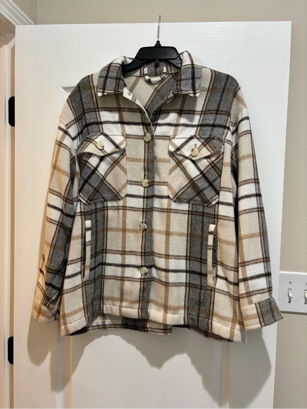 Plaid Button-Up Utility Shacket in Cream & Brown